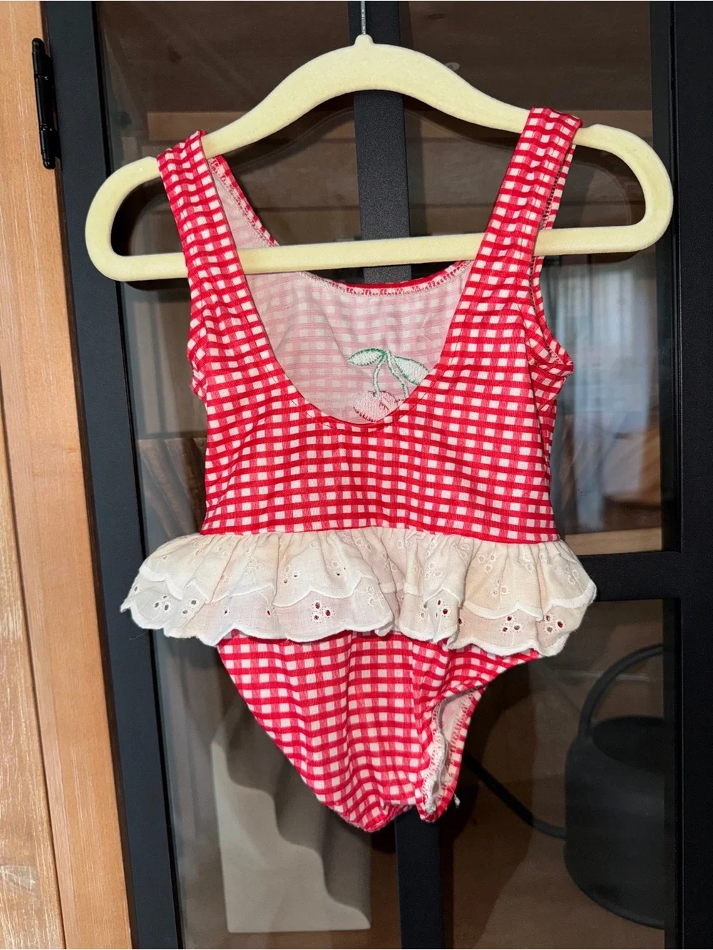 Vintage cherry gingham one piece swimsuit baby girl ruffle eyelet embroidered